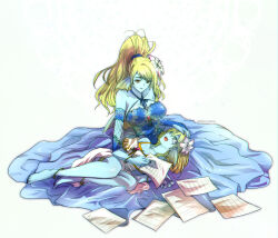  2girls aria_(dq10) blonde_hair blue_dress blue_skin breasts bridal_gauntlets cleavage colored_skin commentary_request dragon_quest dragon_quest_x dress fins flower gold_thighlet hair_flower hair_ornament hand_on_another&#039;s_head head_fins high_ponytail holding holding_paper lap_pillow large_breasts linache_(dq10) medium_hair multicolored_eyes multiple_anklets multiple_girls off_shoulder open_mouth ozogori_(user_tzaz2447) paper sheet_music siblings sisters weddie_(dq10) white_background white_dress 