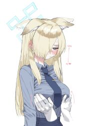  1other animal_ear_fluff animal_ears averting_eyes blonde_hair blue_archive blue_halo blue_necktie blue_shirt blue_skirt blush breasts disembodied_hand dog_ears dog_girl ear_wiggle ears_down english_text female grabbing_another&#039;s_breast groping hair_over_one_eye halo heart highres kanna_(blue_archive) large_breasts long_hair lonklink looking_down necktie one_eye_covered sharp_teeth shirt shirt_tucked_in simple_background skirt solo_focus speech_bubble straight_hair sweatdrop teeth upper_body very_long_hair 