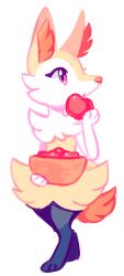  2018 anthro apple basket biped braixen container digital_media_(artwork) eating eyelashes female flavia-elric fluffy fluffy_tail food fruit fur generation_6_pokemon hi_res holding_apple holding_basket holding_container holding_food holding_fruit holding_object inner_ear_fluff nintendo paws pink_eyes plant pokemon pokemon_(species) pupils simple_background solo standing tail tuft white_background white_body white_fur white_sclera yellow_body yellow_fur 