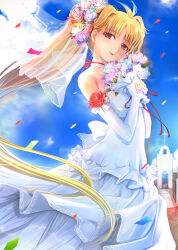  absurdres bardiche_(nanoha) bare_shoulders blonde_hair bouquet bridal_veil choker dress elbow_gloves fate_testarossa female flower gloves highres long_hair lyrical_nanoha mahou_shoujo_lyrical_nanoha mikazuki_akira! non-web_source red_eyes ribbon solo veil wedding_dress 