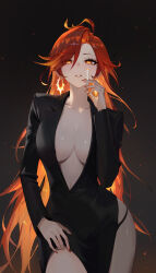  adjusting_clothes ahoge alternate_costume artist_name black_background black_jacket black_panties blazer breasts cigarette collarbone commentary cowboy_shot earrings english_commentary eyes_visible_through_hair female fingernails genshin_impact hair_over_one_eye hand_up highres holding holding_cigarette jacket jewelry large_breasts long_fingernails long_hair looking_at_viewer making-of_available mavuika_(genshin_impact) nail_polish no_bra no_shirt orange_eyes orange_hair orange_pupils panties panty_peek parted_lips partially_open_jacket red_nails rucarachi simple_background solo sparks sun_earrings sunburst_iris underwear very_long_hair 