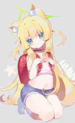  absurdres alternate_costume animal_ears backpack bag blonde_hair blue_archive blue_shorts female fox_ears fox_girl full_body green_eyes green_halo grey_background halo highres kneehighs kurumi_(blue_archive) long_hair no_shoes randoseru red_bag shorts socks solo teoskyrios very_long_hair white_socks 