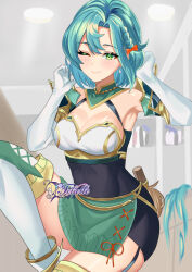  ;) alternate_hair_length alternate_hairstyle aqua_hair armpits bare_shoulders blush breasts chloe_(fire_emblem) cleavage commentary earrings felielle female fire_emblem fire_emblem_engage gloves green_eyes hair_between_eyes jewelry large_breasts looking_at_viewer one_eye_closed short_hair skindentation smile solo thighhighs thighs white_gloves 