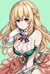  absurdres bare_shoulders blonde_hair blue_eyes braid breasts cleavage closed_mouth cowboy_shot dress female frilled_gloves frills gloves green_background hand_up highres large_breasts light_smile loblob_art long_hair looking_at_viewer neptune_(series) pixel_art simple_background solo vert_(neptunia) 