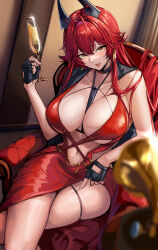  absurdres alcohol between_breasts black_choker black_gloves blush breasts choker commentary crossed_legs cup dress drinking_glass evening_gown female fingerless_gloves gloves goddess_of_victory:_nikke highres holding holding_cup horns huge_breasts long_hair looking_at_viewer mechanical_horns official_alternate_costume open_mouth red_dress red_hair red_hood_(nikke) red_hood_(nonsense_red)_(nikke) revealing_clothes sitting slug_1356 smile solo symbol-only_commentary thigh_strap thighs very_long_hair wine wine_glass yellow_eyes 