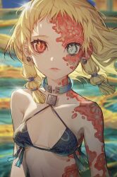  bikini blonde_hair breasts collar colored_skin earrings female grey_eyes heterochromia highres jewelry looking_at_viewer medium_hair orange_eyes orange_skin original parted_lips small_breasts solo soono_(rlagpfl) string_bikini swimsuit tassel upper_body 