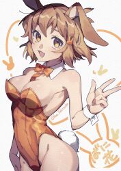  animal_ears bow bowtie breasts brown_hair cowboy_shot detached_collar female hair_ornament highleg highleg_leotard highres leotard looking_at_viewer medium_breasts open_mouth orange_bow orange_bowtie orange_leotard playboy_bunny rabbit_ears rabbit_hair_ornament rabbit_tail senki_zesshou_symphogear short_hair solo strapless strapless_leotard tachibana_hibiki_(symphogear) tail twitter_username w wrist_cuffs yellow_eyes yukitsuba_hina 