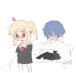  2girls @_@ after_sex ahoge black_shirt black_skirt blonde_hair blue_hair blush bocchi_the_rock! closed_mouth commentary dressing ear_blush embarrassed ijichi_nijika multiple_girls neckerchief on_bed pleated_skirt raven_(099stardive) red_eyes red_neckerchief shirt short_hair side_ponytail simple_background skirt standing under_covers unworn_shirt unworn_skirt white_background yamada_ryo yuri 