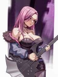  bare_shoulders bass_guitar breasts choker cleavage female fur-trimmed_jacket fur_trim highres holding holding_instrument hololive hololive_english instrument jacket jewelry large_breasts long_hair mori_calliope mori_calliope_(9th_costume) multicolored_hair music necklace official_alternate_costume pink_hair playing_bass_guitar playing_instrument red_eyes seventeencrows skull_necklace solo strapless streaked_hair virtual_youtuber 