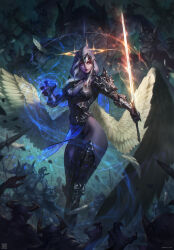  2021 absurd_res angel angel_humanoid armor big_wings breasts clothed clothing curvy_figure demon demon_humanoid detailed detailed_feathers digital_media_(artwork) digital_painting_(artwork) falling_feathers feathered_wings feathers female female_focus female_humanoid group hair halo hi_res holding_melee_weapon holding_object holding_sword holding_weapon hood horn hourglass_figure humanoid imminent_fight large_group light_body light_skin long_hair magic magic_sword magic_user male male_humanoid melee_weapon membrane_(anatomy) membranous_wings mist_xg not_furry polearm purple_eyes reaching reaching_up small_waist solo_focus spear spread_wings standing sword weapon white_body white_feathers white_hair wide_hips wings 