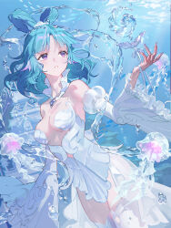  absurdres aqua_hair bare_shoulders breasts commentary detached_collar detached_sleeves dress female fins frilled_sleeves frills hair_rings head_fins highres jellyfish medium_breasts medium_hair okku original purple_eyes see-through_clothes symbol-only_commentary thighhighs underwater white_dress white_thighhighs wide_sleeves 