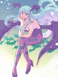  animal_print bat_(animal) bat_print black_leotard darkstalkers female gradient_background green_eyes green_hair head_wings high_heels highres kiririyokkoisho leotard looking_at_viewer morrigan_aensland pantyhose purple_pantyhose smile solo strapless strapless_leotard wings 