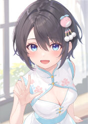  bare_shoulders belt black_hair blue_belt blurry blurry_background blush breasts china_dress chinese_clothes cleavage cleavage_cutout clothing_cutout dress female floral_print hair_between_eyes hair_ornament highres looking_at_viewer medium_breasts open_mouth original rebun short_hair sleeveless smile solo window 