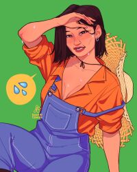  artist_name bloominflowers blue_overalls breasts brown_eyes brown_hair cleavage collared_shirt denim_overalls farmer female gloves green_background hat highres medium_hair orange_shirt original overalls parted_lips shirt signature simple_background solo speech_bubble stardew_valley straw_hat sweat unworn_hat unworn_headwear yellow_gloves 