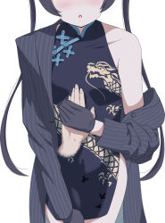  1other black_dress black_gloves black_hair blue_archive china_dress chinese_clothes disembodied_hand dragon_print dress female gloves hand_grab head_out_of_frame highres jacket kisaki_(blue_archive) long_hair long_sleeves open_mouth pelvic_curtain simple_background single_bare_shoulder single_off_shoulder sleeveless sleeveless_dress solo_focus striped_clothes striped_jacket twintails unamaso vertical-striped_clothes vertical-striped_jacket white_background 