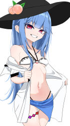  bikini black_hat blue_hair blue_sarong blunt_bangs breasts commentary_request cowboy_shot female hat highres hinanawi_tenshi long_hair looking_at_viewer navel ohkey_now peach_hat_ornament rainbow_order red_eyes sarong shirt sidelocks simple_background small_breasts smile solo swimsuit touhou white_background white_bikini white_shirt 