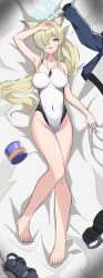  absurdres animal_ear_fluff animal_ears arm_up bare_legs barefoot blonde_hair blue_archive blue_eyes blue_halo breasts dakimakura_(medium) female hair_over_one_eye halo hand_on_own_head hayun412166 highres kanna_(blue_archive) kanna_(swimsuit)_(blue_archive) large_breasts long_hair looking_at_viewer lying on_back one-piece_swimsuit open_mouth sandals solo swimsuit teeth unworn_sandals upper_teeth_only whistle whistle_around_neck white_one-piece_swimsuit 