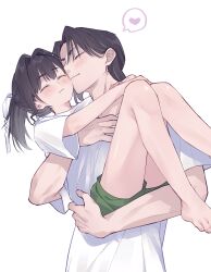  2boys :3 absurdres barefoot black_hair blush carrying carrying_person cheek-to-cheek commentary_request contemporary feet green_shorts heads_together heart highres houjou_tokiyuki_(nige_jouzu_no_wakagimi) long_hair multiple_boys nige_jouzu_no_wakagimi oshioganen otoko_no_ko shirt short_sleeves shorts simple_background smile spoken_heart suwa_yorishige_(nige_jouzu_no_wakagimi) thighs toes upper_body white_background white_shirt yaoi 