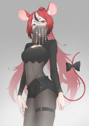  a9_(repainter) absurdres animal_ears black_hair blackberry_baelz blue_eyes bodystocking bow breasts covered_navel female grey_background grey_hair hair_between_eyes hakos_baelz highres hololive hololive_english long_sleeves looking_at_viewer medium_breasts mouse_ears mouse_girl mouse_tail mouth_veil multicolored_hair official_alternate_costume ponytail red_hair see-through shorts shrug_(clothing) simple_background skindentation solo strapless streaked_hair tail tail_bow tail_ornament thigh_strap tube_top veil virtual_youtuber 