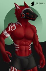  abs absurd_res anthro biceps bulge digital_media_(artwork) fur hi_res lean_muscle machine male mammal muscular muscular_anthro muscular_male pecs protogen rasis_(teremunart) red_body red_fur screen simple_background smile solo teremunart 