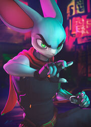  2023 3d_(artwork) 5_fingers amputee anthro bell big_ears big_forehead black_bottomwear black_claws black_clothing black_gloves black_handwear black_nose black_pants black_topwear black_vest blender_(artwork) blue_eyes bottomwear bulletproof_vest claws clothing colored cybernetic_arm cybernetic_limb cybernetics cyberpunk digital_media_(artwork) disability eyebrows fingerless_gloves fingers fur gloves green_eyes gun_holster handwear japanese_text light lighting machine male mammal multicolored_body multicolored_fur neon neon_lights neon_sign omnivega pants pink_inner_ear red_clothing red_scarf rodent scarf serious serious_face shaded sign signature solo text thick_eyebrows topwear two_tone_body two_tone_fur vest white_body white_fur 