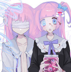  2girls aegyo_sal arm_at_side bandages bandages_over_eyes black_shirt blood blood_in_hair blood_on_clothes blood_on_face blood_on_hands blue_bow blue_eyes blunt_bangs blush bow closed_mouth collarbone collared_jacket collared_shirt colored_eyelashes colored_inner_hair frilled_jacket frilled_shirt_collar frills hair_ornament hairbow highres holding holding_phone jacket long_hair long_sleeves looking_at_phone multicolored_hair multiple_girls naked_jacket neck_ribbon no_eyebrows open_clothes open_jacket open_mouth original phone pink_hair ponytail purple_hair purple_ribbon rainbow_hair_ornament ribbon shirt shizumu_(shi_zumu) short_ponytail side_ponytail white_background white_jacket 