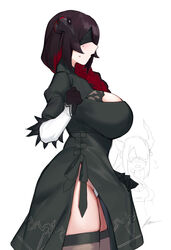  2b_(nier:automata) 2b_(nier:automata)_(cosplay) 2girls asymmetrical_horns black_blindfold black_dress black_hair black_thighhighs blindfold breast_envy breasts clothing_cutout colored_inner_hair cosplay covered_eyes dasdokter demon_girl demon_horns dress gloves highres hololive hololive_english horns huge_breasts juliet_sleeves leotard long_hair long_sleeves mamarissa mature_female medium_breasts mole mole_under_eye mother_and_daughter multicolored_hair multiple_girls nerissa_ravencroft nier:automata nier_(series) puffy_sleeves sweat thighhighs two-tone_hair virtual_youtuber 