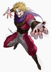  1boy absurdres black_nails blonde_hair blood blood_on_face blood_on_hands commentary_request dio_brando evil_grin evil_smile fingernails full_body grin highres jojo_no_kimyou_na_bouken ma2_ereki male_focus phantom_blood purple_scarf red_eyes scarf sharp_fingernails smile solo v-shaped_eyebrows 