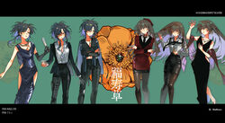  6+girls absurdres angelia_(girls&#039;_frontline) black_border black_dress black_footwear black_jacket black_necktie black_pants black_pantyhose blue_hair blue_jacket blueblossom boots border bottle breasts brown_eyes brown_footwear brown_hair champagne_flute check_clothing cleavage clothing_cutout coat collared_shirt colored_inner_hair commentary_request crop_top crossed_arms cup dress drinking_glass earrings english_commentary evening_gown female_commander_(girls&#039;_frontline) flower girls&#039;_frontline green_background green_eyes grey_footwear griffin_&amp;_kryuger_military_uniform hair_between_eyes hand_on_own_chest hand_up high_heel_boots high_heels highres hip_vent holding holding_bottle holding_cup holding_dog_tags holster jacket jewelry long_dress long_hair long_sleeves looking_at_viewer mechanical_arms mechanical_legs midriff military_uniform mixed-language_commentary multicolored_hair multiple_girls necklace necktie open_clothes pants pantyhose parted_lips pencil_skirt ponytail red_coat red_headwear red_shawl scar scar_on_chest scar_on_face scar_on_forehead shawl shirt shirt_tucked_in shoshinsha_mark shoulder_strap side_slit single_mechanical_arm single_mechanical_leg skirt sleeveless sleeveless_dress teeth thigh_holster translation_request uniform very_long_hair white_shirt yellow_flower 