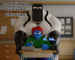  2023 3d_(artwork) 5:4 albalbalb alby_(albalbalb) alphabet_(mike_salcedo) animate_inanimate anthro belt big_pecs black_body black_skin black_text blue_body blue_scales bottomwear chair classroom claws clothing denim denim_bottomwear denim_clothing desk digital_media_(artwork) dragon duo english_text f_(mike_salcedo) furniture green_clothing green_jacket green_topwear hair hand_on_desk head_between_pecs hi_res holding_object holding_pencil horn humanoid inside jacket jeans looking_down_at_partner looking_up_at_partner male male/male muscular muscular_anthro muscular_male mythological_creature mythological_scalie mythology pants paper pecs pencil_(object) red_eyes red_hair scales scalie school shirt table teeth_showing text topwear wall_(structure) white_clothing white_jacket white_shirt white_topwear wings 