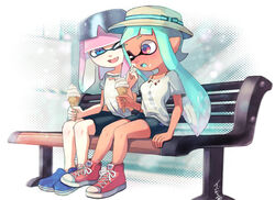  2girls aqua_bow aqua_hair bike_shorts blue_eyes blue_footwear blush bow brown_headwear commentary_request cross-laced_footwear food hat hat_bow holding holding_ice_cream_cone ice_cream ice_cream_cone inkling inkling_girl inkling_player_character long_hair minamidena multiple_girls oerba_yun_fang on_bench one_eye_closed open_mouth pink_hair pointy_ears red_eyes red_footwear shirt shoes single_bare_shoulder sitting smile splatoon_(series) splatoon_3 sunglasses tentacle_hair torn_clothes torn_shirt white_shirt 