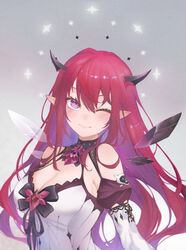  a9_(repainter) absurdres asymmetrical_wings bare_shoulders black_bow black_horns black_ribbon bloom_(irys) blush bow breasts cleavage cleavage_cutout closed_mouth clothing_cutout colored_inner_hair commentary crystal_wings demon_girl demon_horns detached_sleeves dress eyelashes fangs fangs_out female grey_background hair_between_eyes highres hololive hololive_english horns irys_(hololive) irys_(irys_2.0)_(hololive) juliet_sleeves large_breasts long_hair long_sleeves looking_at_viewer mismatched_wings multicolored_hair one_eye_closed pointy_ears puffy_sleeves purple_eyes purple_hair red_hair ribbon sidelocks simple_background skin_fangs sleeveless sleeveless_dress smile solo sparkle star-shaped_pupils star_(symbol) symbol-only_commentary symbol-shaped_pupils upper_body virtual_youtuber white_dress white_sleeves wings 