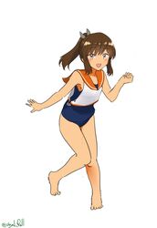  absurdres barefoot blue_one-piece_swimsuit brown_eyes brown_hair female full_body hair_ornament highres i-401_(kancolle) kantai_collection medium_hair old_school_swimsuit one-hour_drawing_challenge one-piece_swimsuit orange_sailor_collar ponytail robinson_(day_l_full) sailor_collar sailor_shirt school_swimsuit shirt side-tie_shirt simple_background sleeveless sleeveless_shirt solo standing swimsuit swimsuit_under_clothes tan white_background 