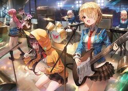  6+girls aikawa_megumi asakura_karen_(heaven_burns_red) bass_guitar black_footwear black_headwear black_socks blonde_hair blue_jacket bow brown_skirt closed_eyes drum drum_set drumsticks eye_trail gold_trim hair_over_one_eye heaven_burns_red highres holding holding_drumsticks holding_microphone hood hooded_jacket instrument izumi_yuki_(heaven_burns_red) jacket kayamori_ruka keyboard_(instrument) kunimi_tama light_trail microphone microphone_stand multiple_girls music necktie pink_hair plaid plaid_skirt playing_instrument plectrum purple_hair red_bow red_eyes school_uniform sharp_teeth singing skirt socks sonchi speaker standing teeth toujou_tsukasa white_hair yellow_jacket 