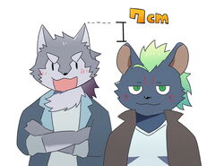  anthro blue_body blue_fur blush canid canine canis chibi crossed_arms duo fur green_eyes green_hair grey_body grey_fur hair hati_(tas) hyena lifewonders male mammal nyarlathotep_(tas) pink_blush size_difference smile suna_sand1 tokyo_afterschool_summoners wolf 