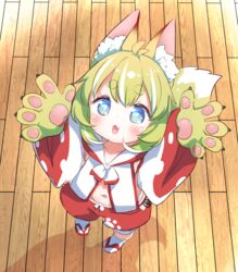  :3 animal_ears animal_hands babalilo babalilo_(babalilo) bad_id bad_misskey.io_id blue_eyes blush claws detached_sleeves female fox_ears fox_tail full_body green_hair highres japanese_clothes looking_at_viewer looking_up multicolored_hair navel oerba_yun_fang open_mouth original outstretched_hand pawpads puffy_shorts red_shorts sandals shorts skin_fang solo stomach streaked_hair tabi tail third-party_source webp-to-png_conversion white_hair wooden_floor zouri 