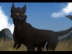  4:3 ambiguous_gender black_bars black_body black_fur blue_sky breezepelt_(warriors) day detailed_background domestic_cat f3ralh3arts felid feline felis feral field fur hi_res letterbox male_(lore) mammal outside sky solo warriors_(book_series) 