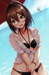  absurdres bikini black_bikini blurry bokeh bracelet breasts brown_hair collarbone collared_shirt commentary_request depth_of_field dress_shirt female glasses green_eyes halterneck hand_on_own_arm highres jewelry looking_at_viewer medium_breasts medium_hair mifuyu_(princess_connect!) mifuyu_(real)_(princess_connect!) ocean open_mouth ponytail princess_connect! red-framed_eyewear shade shirt sidelocks solo swimsuit tied_shirt tonelico1213 v-shaped_eyebrows wet wet_clothes wet_shirt white_shirt 