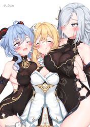  3girls absurdres asymmetrical_docking bell blonde_hair blue_hair blush breast_on_breast breast_press breasts cleavage closed_eyes commentary commentary_request dress female_pervert ganyu_(genshin_impact) ganyu_(twilight_blossom)_(genshin_impact) genshin_impact girl_sandwich goat_horns gouka grabbing grabbing_another&#039;s_breast groping hair_ornament hand_under_clothes highres horns large_breasts long_hair lumine_(genshin_impact) medium_breasts multiple_girls neck_bell official_alternate_costume one_eye_closed one_eye_covered pervert red_eyes sandwiched shenhe_(frostflower_dew)_(genshin_impact) shenhe_(genshin_impact) short_hair symmetrical_docking yuri 