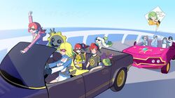  3boys 6+girls aiba_ami aiba_takumi alphamon anniversary barobakuoikawa black_car black_hair black_scarf black_shirt blue_sky breasts car cleavage closed_eyes commentary_request digimon digimon_(creature) digimon_story:_cyber_sleuth double_bun driving english_text fei_wong_tomoe_ignacio fur_trim goggles goggles_on_head green_hair hagurumon hair_bun high_side_ponytail highres hood hood_up hooded_jacket jacket jewelry kamishiro_yuugo kamishiro_yuuko kishibe_rie kuremi_kyouko long_hair lordknightmon machine motor_vehicle multiple_boys multiple_girls necklace objectification ocean outdoors palmon phone pink_car pink_jacket red_hair sanada_arata scarf shiramine_nokia shirt short_hair short_twintails sky steering_wheel sunglasses terriermon translation_request twintails white_shirt 