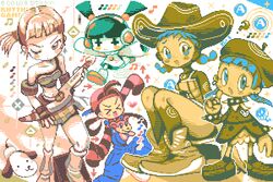  &gt;_&lt; +_+ 5girls :3 ? animal animal_in_clothes armband arrow_(symbol) art_study beret blunt_bangs blush_stickers boots bracelet braid bust_a_move canine christy_frisby closed_mouth collar collared_dress columbo_(bust_a_move) cool_cool_toon cowboy_boots cowboy_hat dot_mouth dot_nose dress dual_persona earrings fingerless_gloves freckles frills full_body gitaroo_man gloves guitar hat headphones heart holding holding_guitar holding_instrument instrument jewelry kirah_(gitaroo_man) knee_boots leg_up limited_palette long_sleeves low_twin_braids low_twintails midriff miniskirt multiple_girls musical_note one_eye_closed open_mouth outstretched_arms overalls pixel_art pointing pointing_at_self puma_(gitaroo_man) rain_(technictix) raised_eyebrows ripples shirt shorty_(bust_a_move) side_ponytail single_fingerless_glove skirt smile spica_(cool_cool_toon) spiked_bracelet spiked_collar spikes squatting striped_clothes striped_shirt technictix turtleneck turtleneck_dress twin_braids twintails very_long_sleeves 