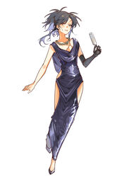  absurdres angelia_(girls&#039;_frontline) blue_hair blueblossom brown_eyes champagne_flute clothing_cutout colored_inner_hair commentary_request cup dress drinking_glass evening_gown female full_body girls&#039;_frontline grey_footwear high_heels highres holding holding_cup jewelry looking_at_viewer mechanical_arms multicolored_hair necklace partial_commentary scar scar_on_chest scar_on_face scar_on_forehead simple_background single_mechanical_arm solo white_background 