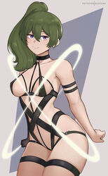  bare_shoulders black_gloves breasts cleavage collarbone commentary elbow_gloves female gloves green_hair highres hioyami long_hair looking_at_viewer medium_breasts purple_eyes revealing_clothes side_ponytail single_elbow_glove single_glove smile solo sorganeil sousou_no_frieren thighs ubel_(sousou_no_frieren) 