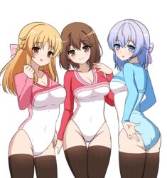  3girls ass ass_visible_through_thighs athletic_leotard black_thighhighs blonde_hair blue_eyes blue_hair blue_leotard braid breasts brown_eyes brown_hair cleavage commission french_braid girlfriend_(kari) highres leotard long_hair medium_breasts multicolored_leotard multiple_girls murakami_fumio nanju_bami pink_leotard pixiv_commission red_eyes red_leotard sasahara_nonoka shiina_kokomi short_hair simple_background thigh_gap thighhighs v-neck white_background white_leotard 