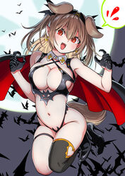  animal_ears bikini black_bikini black_gloves black_hairband breasts brown_hair cape cleavage clothing_cutout commentary_request detached_collar dog_ears dog_girl dog_tail earrings fangs female full_moon glint gloves hairband half_gloves heart heart_cutout heart_earrings high_heels highres hololive inugami_korone jewelry large_breasts long_hair moon pointy_ears red_cape red_eyes revealing_clothes sabaku_chitai simple_bat single_thighhigh solo spoken_object swimsuit tail thigh_strap thighhighs vampire virtual_youtuber 