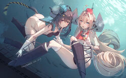  2girls aqua_headwear artist_name ass bell black_one-piece_swimsuit black_ribbon blue_eyes breasts coat competition_swimsuit dated drum_(kancolle) garrison_cap gloves grey_hair hair_ornament hair_rings hat headgear highleg highleg_swimsuit highres himeyamato kantai_collection long_hair md5_mismatch medium_breasts multiple_girls one-piece_swimsuit open_mouth parted_bangs pink_hair red_headwear ribbon scamp_(kancolle) shorts side_ponytail smile star_(symbol) star_hair_ornament star_ornament swimsuit swimsuit_under_clothes thighs underwater white_coat white_gloves white_shorts 