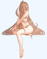  absurdres barefoot closed_eyes commentary facing_viewer feet female full_body hair_between_eyes hair_spread_out hands_on_own_leg highres invisible_chair light_frown long_hair mawaw navel sense_(sousou_no_frieren) simple_background sitting solo sousou_no_frieren tattoo thighs toes very_long_hair white_background 