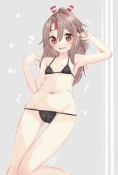  alternate_costume bikini black_bikini brown_eyes brown_hair feet_out_of_frame female flat_chest hachimaki headband high_ponytail highres kantai_collection long_hair mf_u_c ponytail solo striped_headband swimsuit zuihou_(kancolle) 