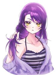  bare_shoulders breasts bunching_hair cardigan cleavage cropped_torso female hair_down hand_up holding_own_hair jjuu0105 long_hair looking_at_viewer off_shoulder open_mouth pretty_series pripara purple_cardigan purple_hair purple_shirt shirt simple_background small_breasts solo spaghetti_strap striped_clothes striped_shirt toudou_shion upper_body white_background yellow_eyes 