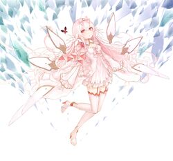  absurdres arcaea boots bow breasts broken_glass bug butterfly crossed_bangs detached_wings dress expressionless female flower full_body garter_straps glass hair_between_eyes hairbow high_heel_boots high_heels highres hikari_(arcaea) hikari_(fatalis)_(arcaea) long_hair long_sleeves parted_lips pink_bow pink_dress pink_footwear pink_hair red_eyes red_flower red_garter_straps rose sepia_(kilikasumi) sidelocks solo thigh_boots wings 